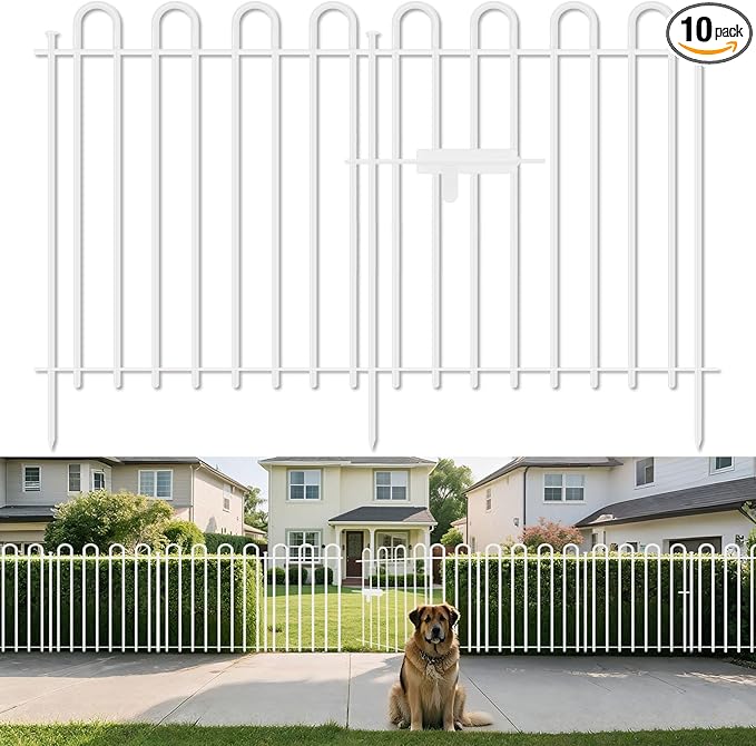 10 Panels Decorative Garden Fence with Gate, 32 in (H) x 21.6 ft (L) Metal Thick Tube No Dig Dog Fence Outdoor for Yard, Rustproof Tall Animal Barrier Fencing, Garden Edging Border for Yard, White