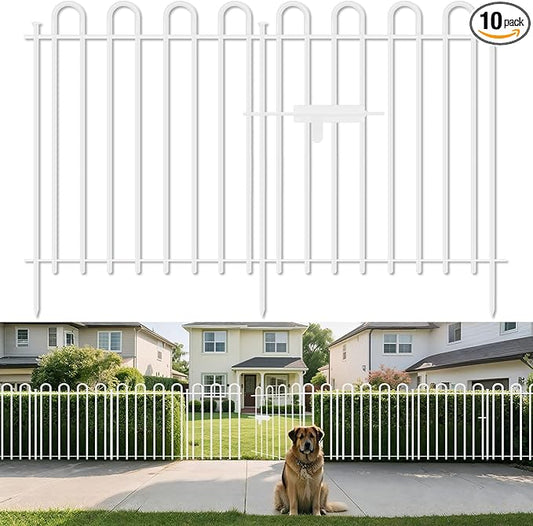10 Panels Decorative Garden Fence with Gate, 32 in (H) x 21.6 ft (L) Metal Thick Tube No Dig Dog Fence Outdoor for Yard, Rustproof Tall Animal Barrier Fencing, Garden Edging Border for Yard, White