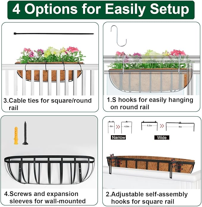 2 Pack 16" Railing Planter Window Box with Coco Fiber Liner Horse Trough Planter The Railing Planter Boxes for Deck Porch Fence Outdoor