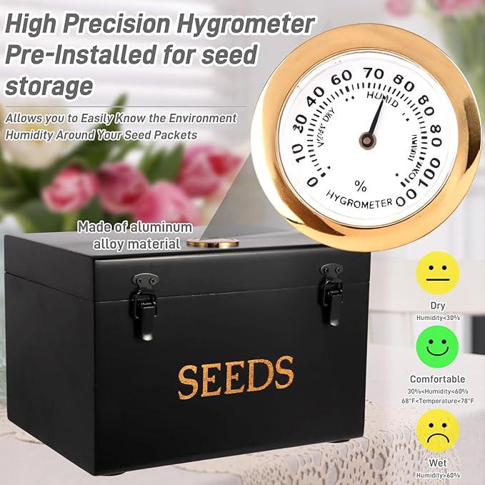 Professional-Designed Bamboo Seed Storage Box with Built-in Hygrometer, Double-Layer Airtight Lid and Safety Lock, Temperature-Stable Wooden Seed Organizer for Preservation, Great Gifts for Gardener