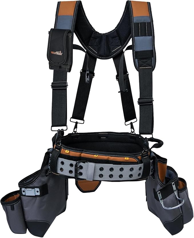 MELOTOUGH 28-Pocket Pro Framer's rig Combo Apron Tool Belt and Heavy Duty Padded Suspenders with Magnetic Desinger for Technician/Carpenter/and Electrician's Tools (Khaki)