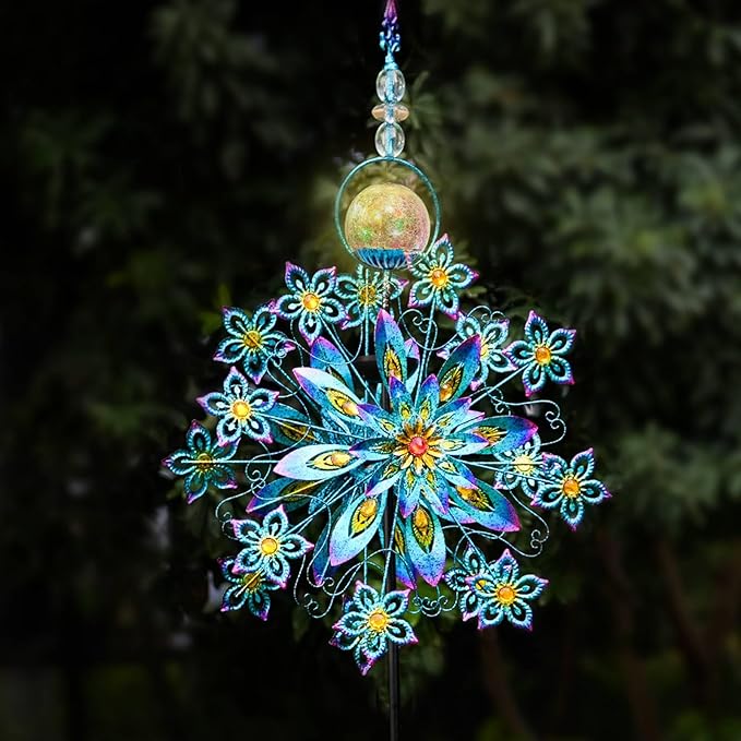 Kircust Large Solar Wind Spinner with Glass Ball - Peacock Themed Kinetic Garden Art, Dual Spinning Metal Decor for Outdoor Yard, Lawn, or Patio in Elegant Peacock Blue