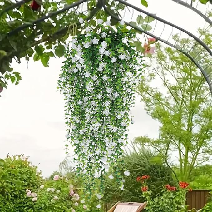 WEISPARK Artificial Hanging Flowers, 12pcs Fake Eucalyptus Vine Faux Flower Greenery Garland Plastic Plants for Indoor Outdoor Wall Garden Wedding Home Party Decor (12pcs White)