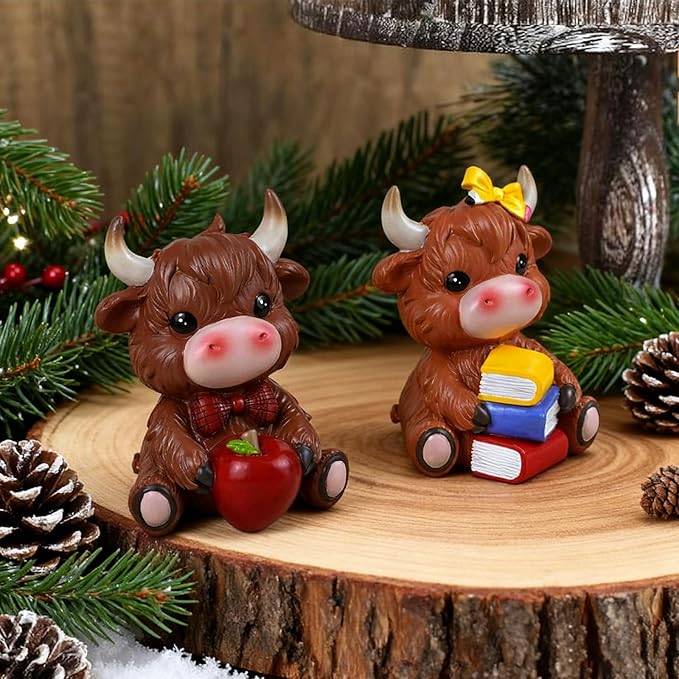 2PCS Cute Highland Cow Figurine Resin Cow Gnomes Statue for School Classroom Highland Cows Desk Decoration Book Shelf Decor Kids Students Book Lover Gifts