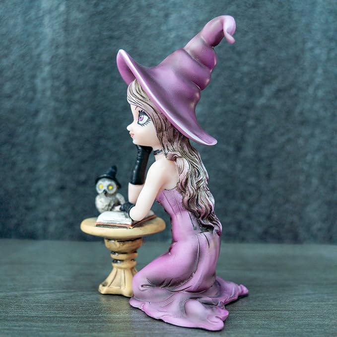 Mystical Purple Witch Resin Statue with Owl & Book Halloween Décor, Witchcraft Collectible, Unique Home & Office Decoration