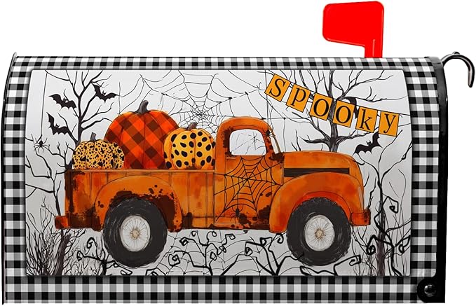 Orange Truck Mailbox Cover Halloween Mailbox Covers Magnetic Standard Size 21x18 inch Spider Web Mail Box Cover Pumpkin Decorative Mailboxes for Outside Garden Fall Autumn Buffalo Plaid