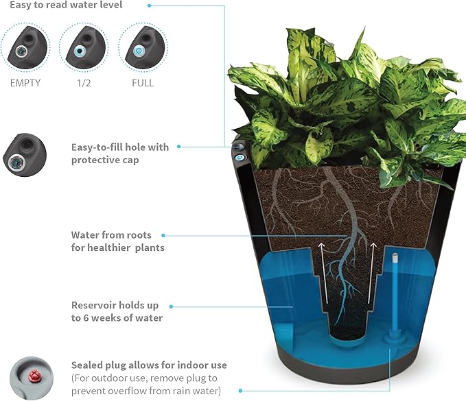 Crescent Garden Dot TruDrop Indoor/Outdoor Planter, Self-Watering Modern Plant Pot, 16 Inches, (Ash)