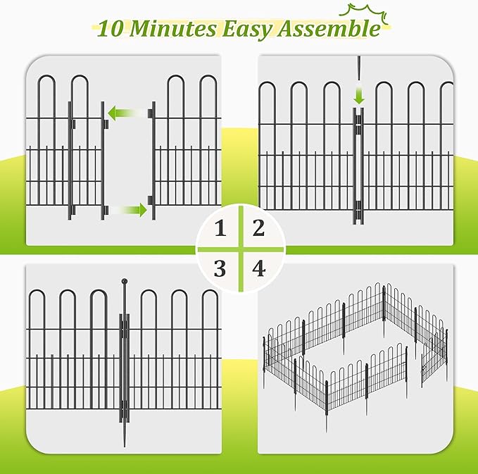 Bepatio Decorative Garden Fence Animal Barrier with Gate, 24in (H) x 10ft (L) 5 Panels Dog Fence Outdoor for Yard, Heavy Duty Metal Garden Fence Border, Flower Bed, Easy Setup, Black