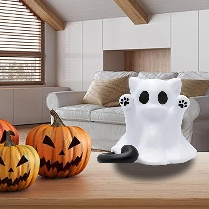 1 Pcs Halloween Ghost Figurine Cute Spooky Unique Cat Design Cartoon Mini Figurines Desk Ornament Decorations Indoor for Halloween Decor Home Table Bedroom Office Desktop Display Ornaments