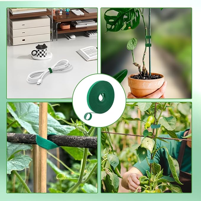 Plant Tape for Climbing Plants,Reusable Garden Tie Tape with Double-Sided Adhesive,Plant Twist Tie,Green Nylon for Outdoor Gardening,Tomato Plant Support,Cable Organization(32.8ft x0.47in)