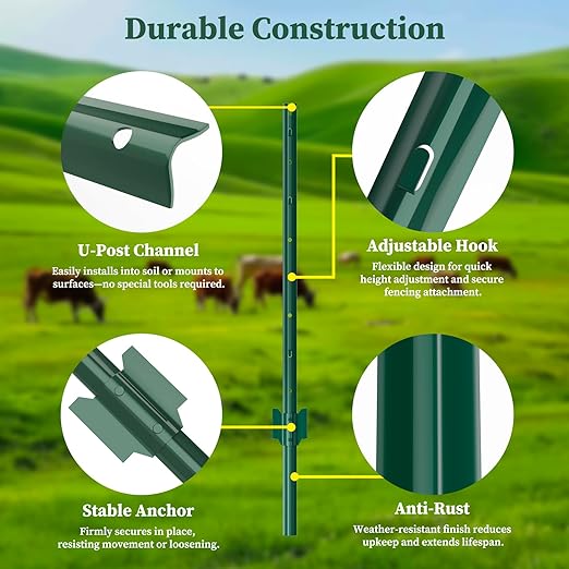 20 Pack Metal Fence Posts, 5ft Heavy Duty U-Post, Green Garden Stakes, No-Dig Post Anchors for Wire Fences, Temporary Fencing, Electric Fence, and Corner Support
