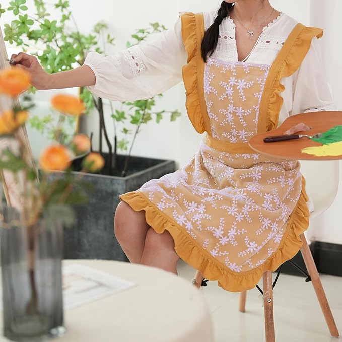 Vintage Pinafore Apron Dress for Women with Pockets Cute Floral Chef Aprons for Kitchen Cooking Baking Gardening