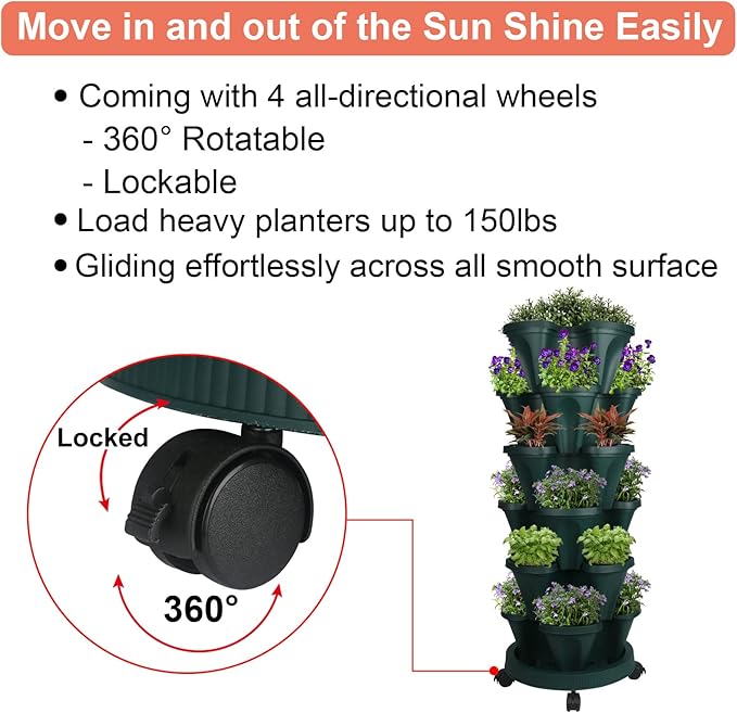 GameXcel Vertical Planter 6 Tier Stackable Planters Garden Planters Strawberry Herb Flower and Vegetable Planter Indoor Outdoor Gardening Pots with Removable Wheels and Tools 2-Pack