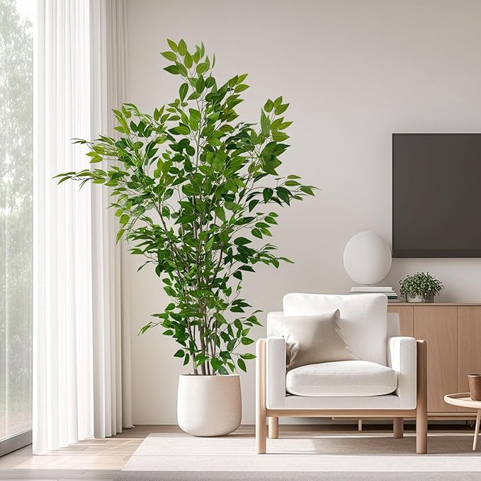 Artificial Ficus Tree with Green Leaves, 6ft Tall, Indoor Plant with Decorative Beige Planter