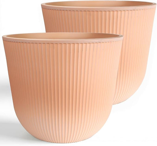 Worth Garden Round Large Planter Pot Set of 2, 17.5" Dia x 15.5" H - Durable Plastic Terracotta Plant Tree Pots with Vertical Stripe Textured Finish, Drainage Hole for Indoor Outdoor Front Porch Patio