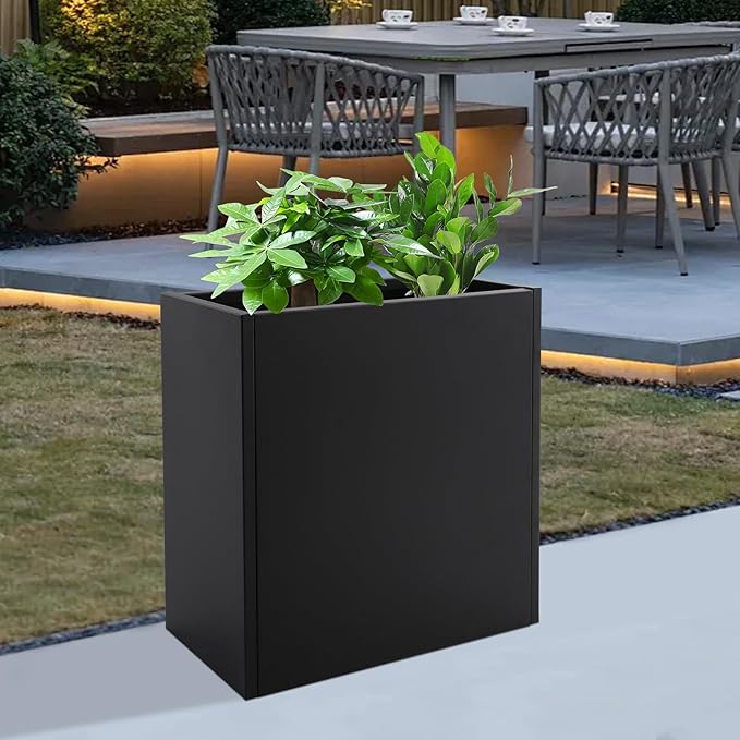 Metal Planter Box, Tall Rectangular Raised Garden Bed with Removable Shelf and Drainage Holes, Modern Steel Garden Planter, Flower Planter Boxes for Patio, Yard & Porch, Outdoor (Black, 28*12*28in)