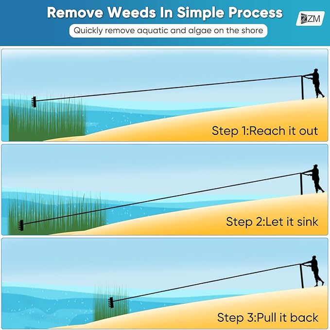 Floating Lake Rake, Leaf Collector for Gardening, 36" Aluminum Landscape Rake with Adjustable Handle, 33FT Rope & Float, Weed Algae Removal, Multifunctional Detachable Aquatic Weed Rakes
