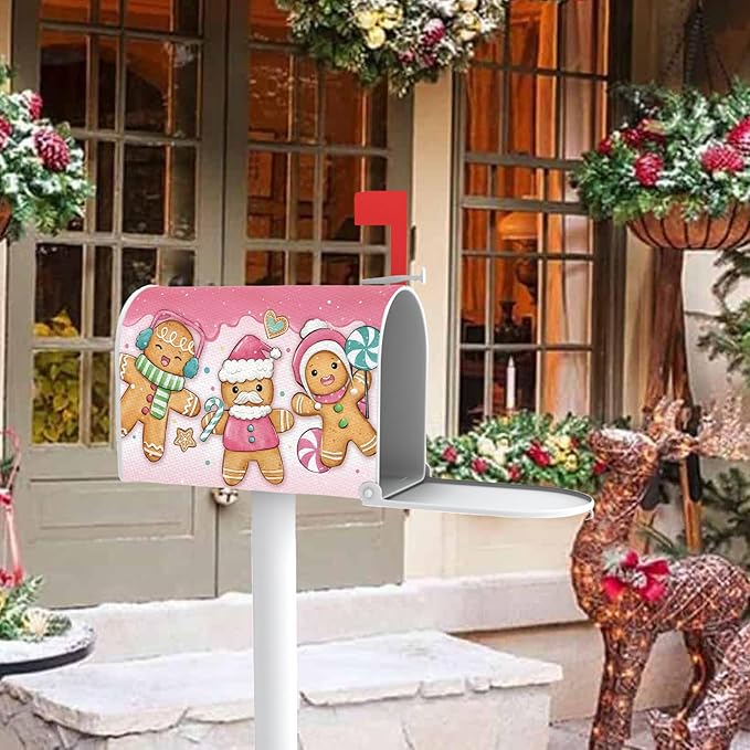 Pink Christmas Mailbox Cover Magnetic Standard Size 20.5" x 18", Xmas Gingerbread Man Peppermint Candy Decorative Post Letter Box Wrap Decor, Winter Holiday Garden Yard Outdoor Decoration