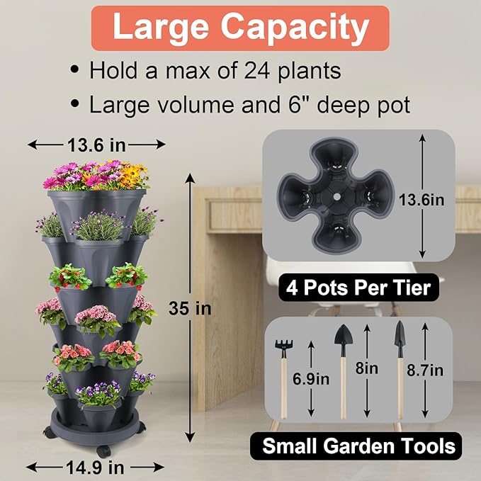 GameXcel Vertical Planter 6 Tier Stackable Planters Garden Planters Strawberry Herb Flower and Vegetable Planter Indoor Outdoor Gardening Pots with Removable Wheels and Tools