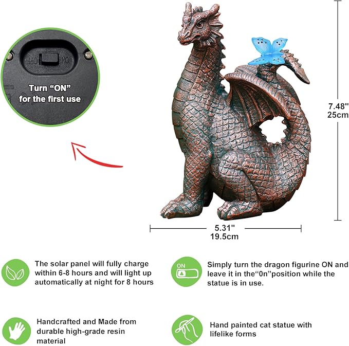 Nacome Solar Dragon Outdoor Statues for Garden: Outside Decor with Butterfly Clearance for Yard Art Lawn Ornaments Porch Patio Balcony Home House for Grandma Mom Women