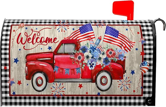 Welcome Red Truck Mailbox Cover 4th of July Mailbox Covers Magnetic Patriotic Post Letter Box Wrap Standard Size 21x18 in for Outdoor Garden Mail Box Decor Floral Buffalo Plaid