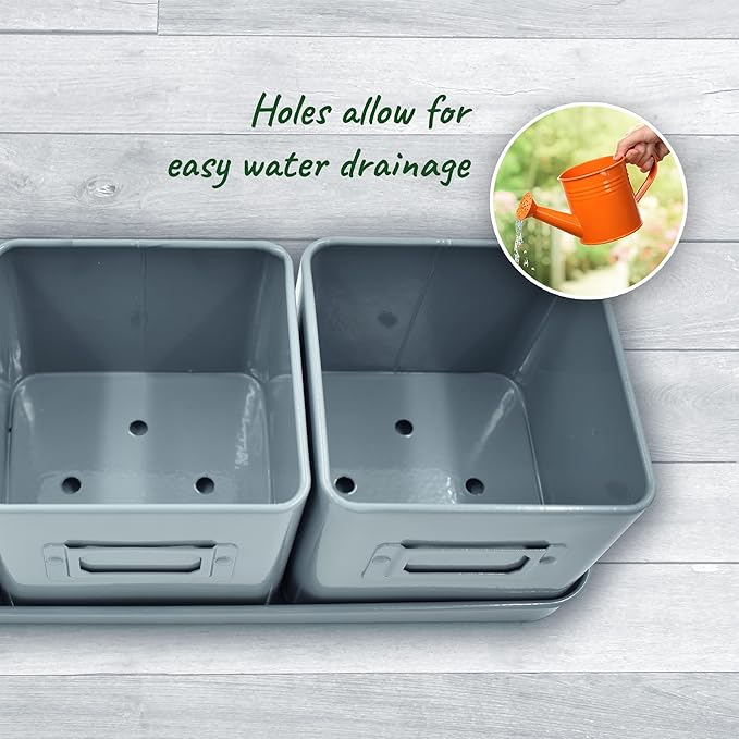 volila Herb Planter Indoor - Set of 3 Grey Indoor Herb Garden Pots for Plants with Leather Handled Tray - Window Sill Plant Shelf - Herb Pots with Drainage Holes and Labels