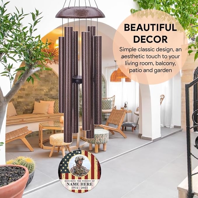 36inch Personalized Wind Chimes, Memorial Wind Chimes for US Veteran, Wind Chime for Loss of Loved Dad/Mom, Sympathy Memorial Gifts, Thank You Veteran Solider (Produced in USA)