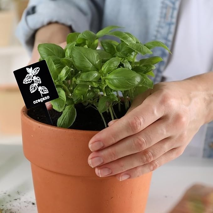 24Pcs Garden Herb Markers Acrylic Plant Label Signs Plant Stake Tags Reusable Black Waterproof Tags with Herb Names for Nursery Seedlings Potted Greenhouse Indoor Outdoor Garden Decoration