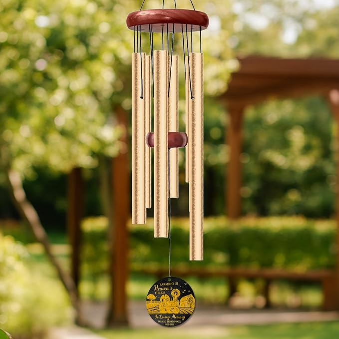 Personalized Farming Memorial Wind Chime – “Farming in Heaven’s Fields” Custom Name & Years – Tractor & Angel Engraved Sympathy Gift for Farmers – Outdoor Remembrance Windchime for Loss of Loved One