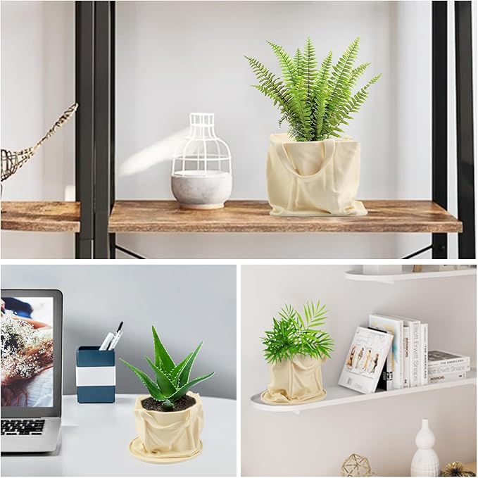 Bag Shape Flower Pot, Tote Bag Planter with Drainage Hole & Saucer, Indoor Small Succulent Cactus Pot for Indoor & Outdoor Garden Decor