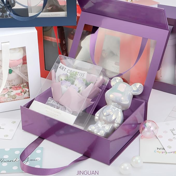 5 Purple Gift Boxes with Windows, Clear Magnetic Gift Boxes for Presents, Bridesmaid Proposal Boxes (11x8x3.2 Inches)