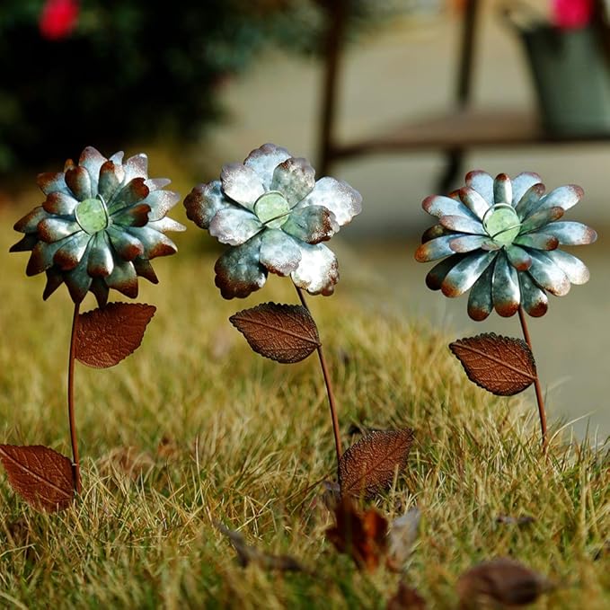 3 PCS Flower Stake Galvanized Metal Decoration for Garden & Outdoor, 13.8" H Glass Globe Glow in Dark Plant Pick Ornament Water-Proof Garden Art for Lawn & Patio