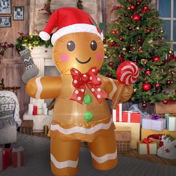 Christmas Inflatables Gingerbread Man Girl Lighted Yard Lawn Inflatable Decoration with Built-in Fan and Stakes Ropes Holiday Party Decor, Christmas Decor (5FT-Gingerbread Girl Holds Candy)