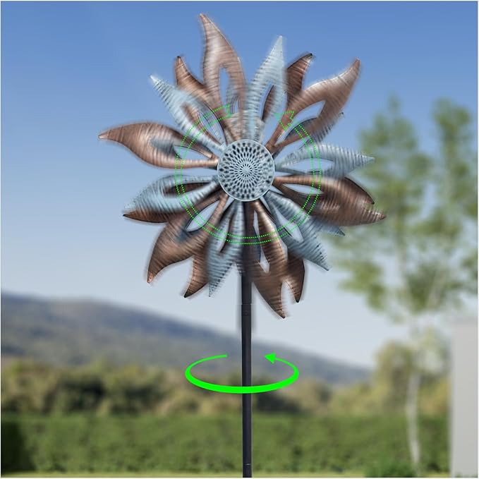 Outdoor Wind Spinner with Garden Stake 62.99" Metal Two-Way Wind Sculptures Solar Color Changing Lights Large Windmills for Garden,Patio,Yard,Lawn Decor Gifts Blade