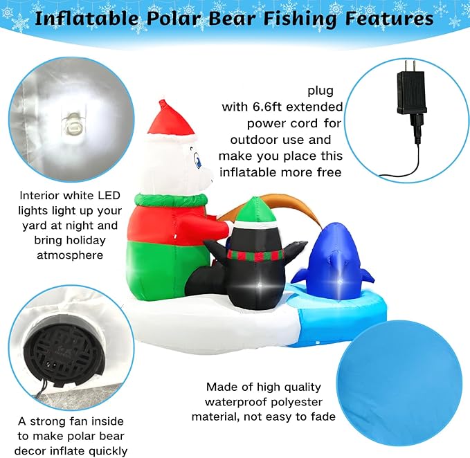 Christmas 5FT Giant Inflatables Outdoor Decorations Polar Bear Fishing with Penguin Blow UpCute Led Lighted Inflatable Yard Decor for Indoor Outside Lawn Garden Winter Xmas Holiday Vacation