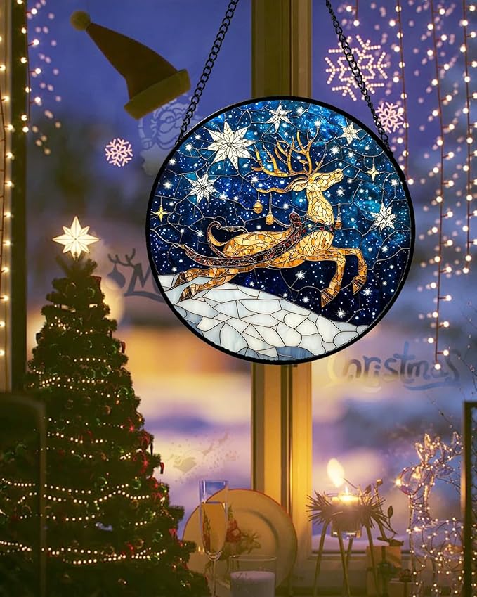 Stained Glass Window Hanging - Reindeer Blue Starry Sky Suncatcher for Doors Home Christmas Decoration Winter Sun Catcher Thanksgiving New Year Birthday Gifts for Women Men Mom Nana 7.8 in