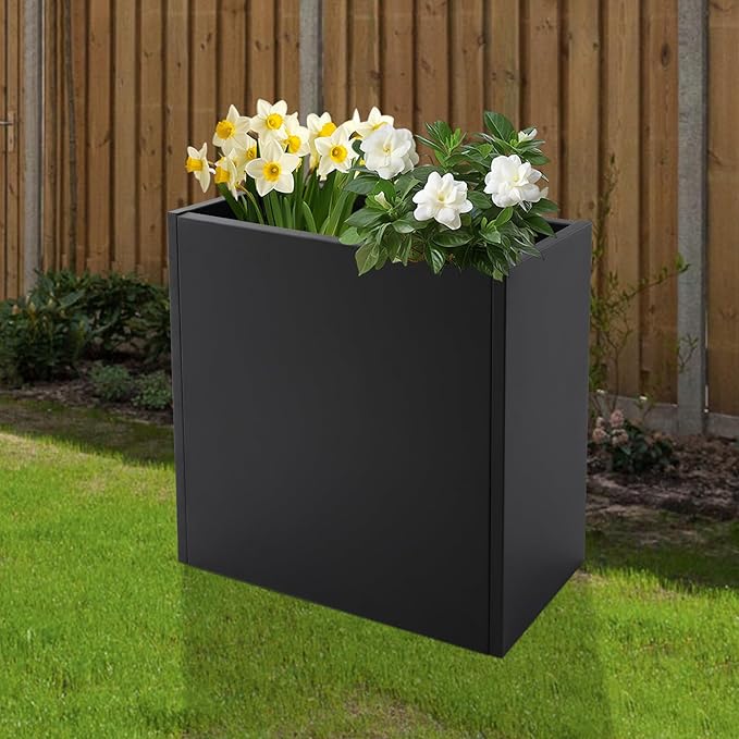 Metal Planter Box, Tall Rectangular Raised Garden Bed with Removable Shelf and Drainage Holes, Modern Steel Garden Planter, Flower Planter Boxes for Patio, Yard & Porch, Outdoor (Black, 28*12*28in)