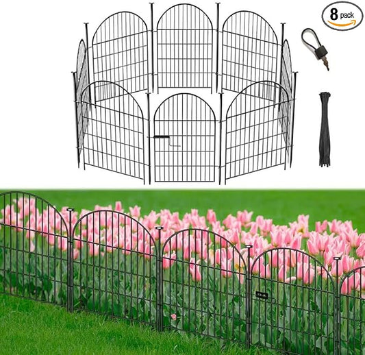 Garden Fence Border, 32 in(H) x17.5 Ft(L) 8 Panels, Tall Garden Animal Barrier Fence with Gate, Dog Fence Outdoor for Yard, Arched Rustproof Metal No Dig Fence, Flower Bed Fencing
