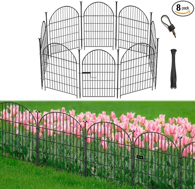 Garden Fence Border, 36 in(H) x17.5 Ft(L) 8 Panels, Tall Garden Animal Barrier Fence with Gate, Dog Fence Outdoor for Yard, Arched Rustproof Metal No Dig Fence, Flower Bed Fencing