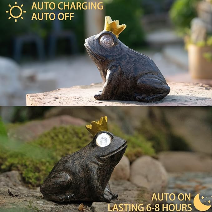 Garden Decor Statue Frog Prince,Solar Statue Decor Frog Prince,Resin Frogs Figurine with Solar Light for Patio,Balcony,Yard,Lawn Ornament,Perfect Garden Gift