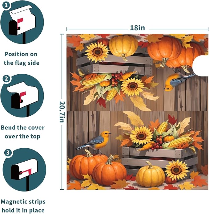Fall Thanksgiving Mailbox Covers Magnetic Standard Size Autumn Pumpkin Birds Sunflower Harvest Themed Seasonal Outdoor Decorative Letter Box Cases for Home Garden Outside Decor, 21x18 Inch