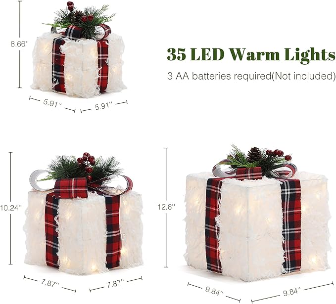 LuxenHome Set of 3 Lighted Gift Boxes, Battery Operated White Feathery Fabric with Red Ribbon Bow Boxes for Xmas, Lawn, Porch, Under Tree Indoor, Outdoor Christmas Decorations