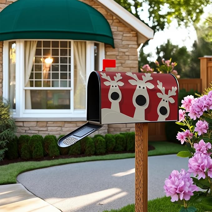 Dark Red Christmas Mailbox Covers Magnetic Standard Size Cute Xmas Deer Print Mailbox Wraps Winter Holiday Themed Outdoor Decorative Letter Box Cases for Home Garden Outside Decor, 21x18 Inch