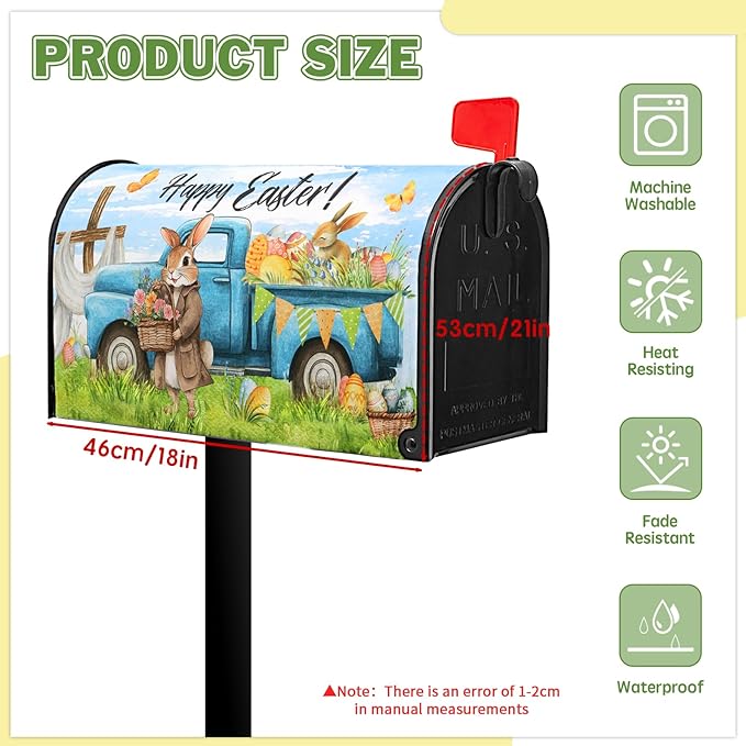 Happy Easter Mailbox Covers Magnetic Standard Size 21x18 in Spring Rabbit Mailbox Wraps Waterproof Oxford for Outside Garden Holiday Decorations Easter Eggs Truck