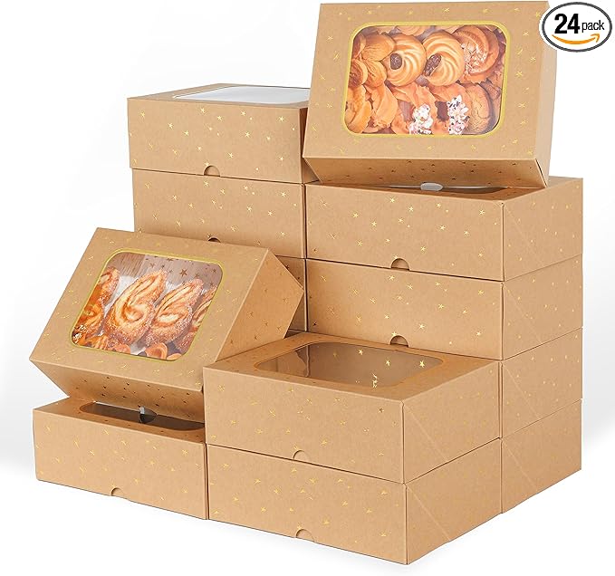 24 Pcs Gold Star Cookie Boxes,Treat Boxes for Dessert 8.25" x 6" x 2.75" with Window, Bakery Brown Pastry Dessert Boxes for Chocolate Strawberries Muffins Donuts and Party Favor