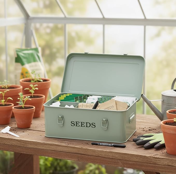 Seed Storage Organizer,Metal Seed Saving Box with Lid and Safety Locks, 4 Compartment Seeds Saver Kit with 2 Pens,20 Plant Labels and 50 Seeds Envelopes, Green Gardening Gift