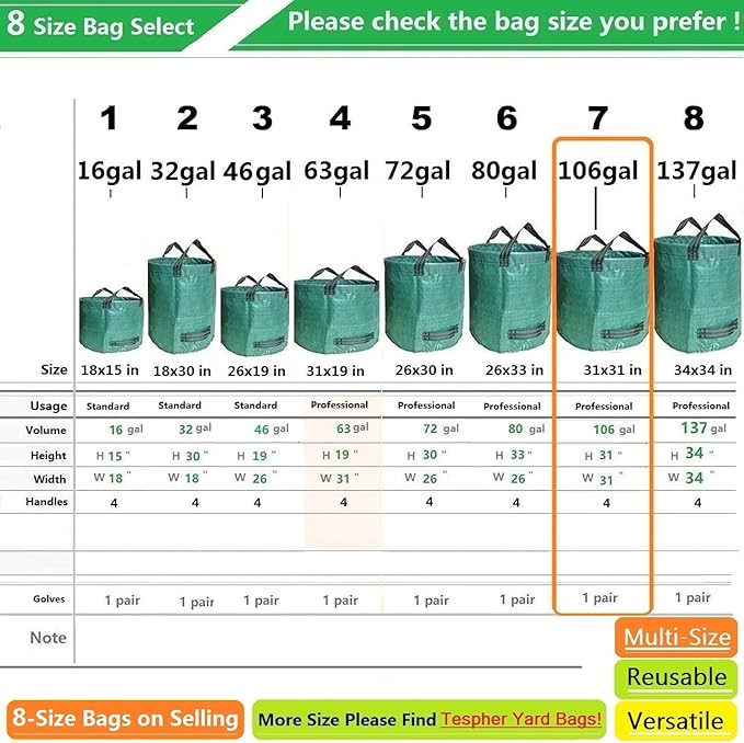 Professional 2-Pack 106 Gallon Yard Lawn Garden Bags Large (D31, H31 in) Yard Waste Bags with Gardening Gloves, Big Leaf Bag,Lawn Debris Bags,Garden Trash Container,Grass Clippings,Weeds Bag 4 Handles