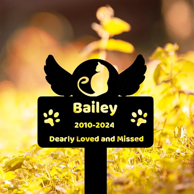 Custom Memorial Grave Marker, Personalized Cat Memorial Stake with Wings, Outdoor Metal Cat Burial Stake Garden Decor, Cat Memorial Cross Memorial Gifts for Loss of Cat
