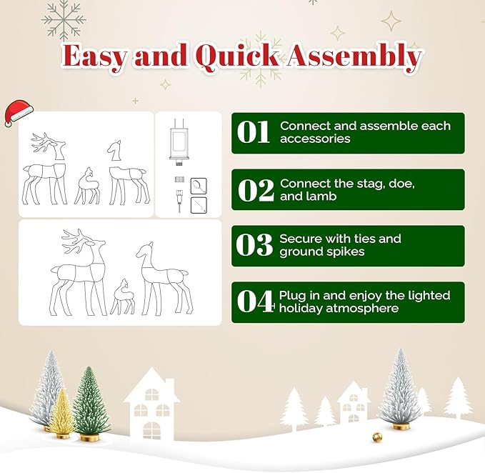 VINGLI 3-Piece Lighted Tinsel Christmas Reindeer Family Set, 3FT White Buck Doe Fawn Outdoor Yard Decorations, Pre-lit 110 Warm White LED Lights, Weatherproof Xmas Lawn Garden Home Decor