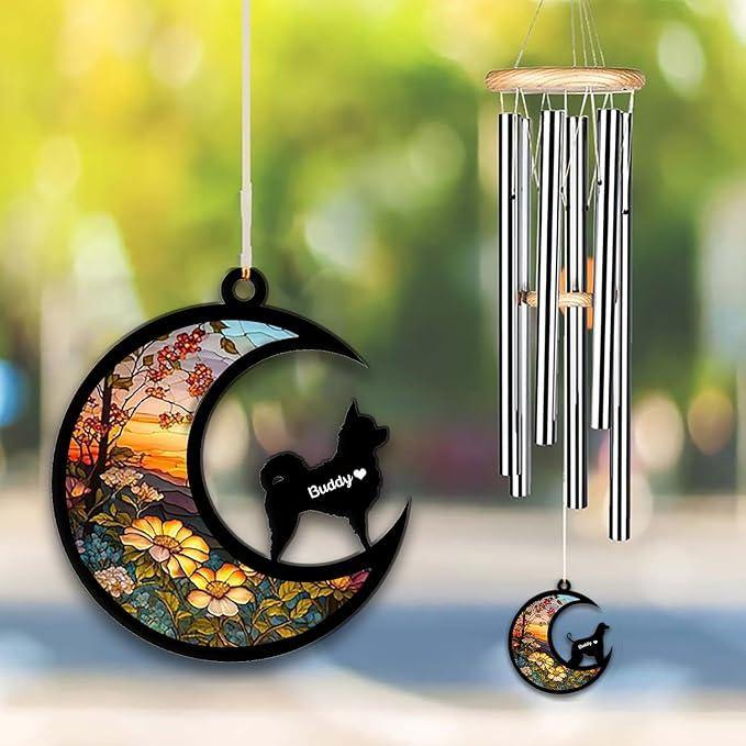 Chihuahua Long Haired Sun Catcher Wind Chime, Custom Sunflower Suncatcher Dog Memorial Wind Chime, Dog Loss Gift, Dog Sympathy Gift, Pet Loss Suncatcher, Outdoor Garden Decor